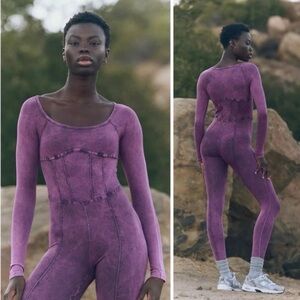 NWOT FP Good Karma Corset Onesie stone washed XL Purple Long Sleeve Jumpsuit